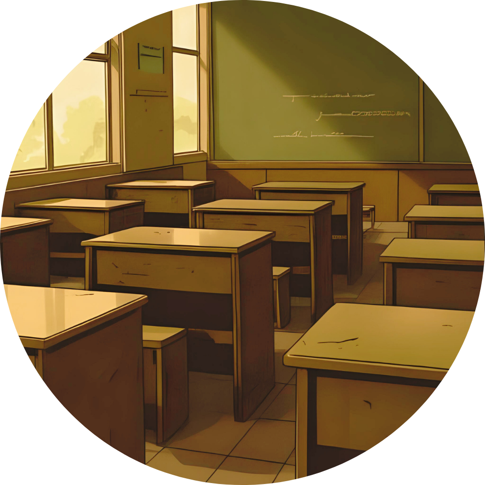 Image dessinée d'une ancienne école avec des vieux bureaux